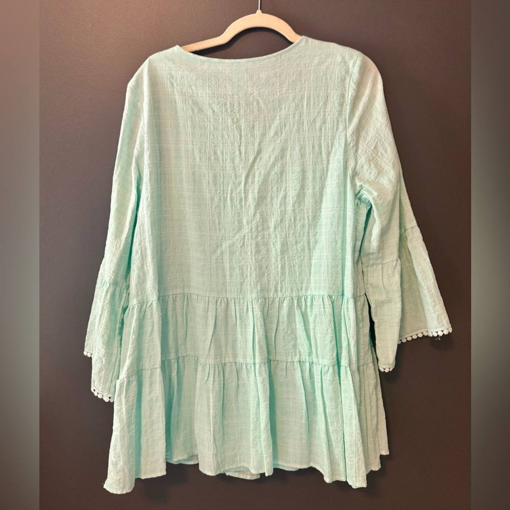 Cal Style Women's Boho Blue Cotton Blend Tunic Top White Embroidery Size Large - Picture 2 of 3